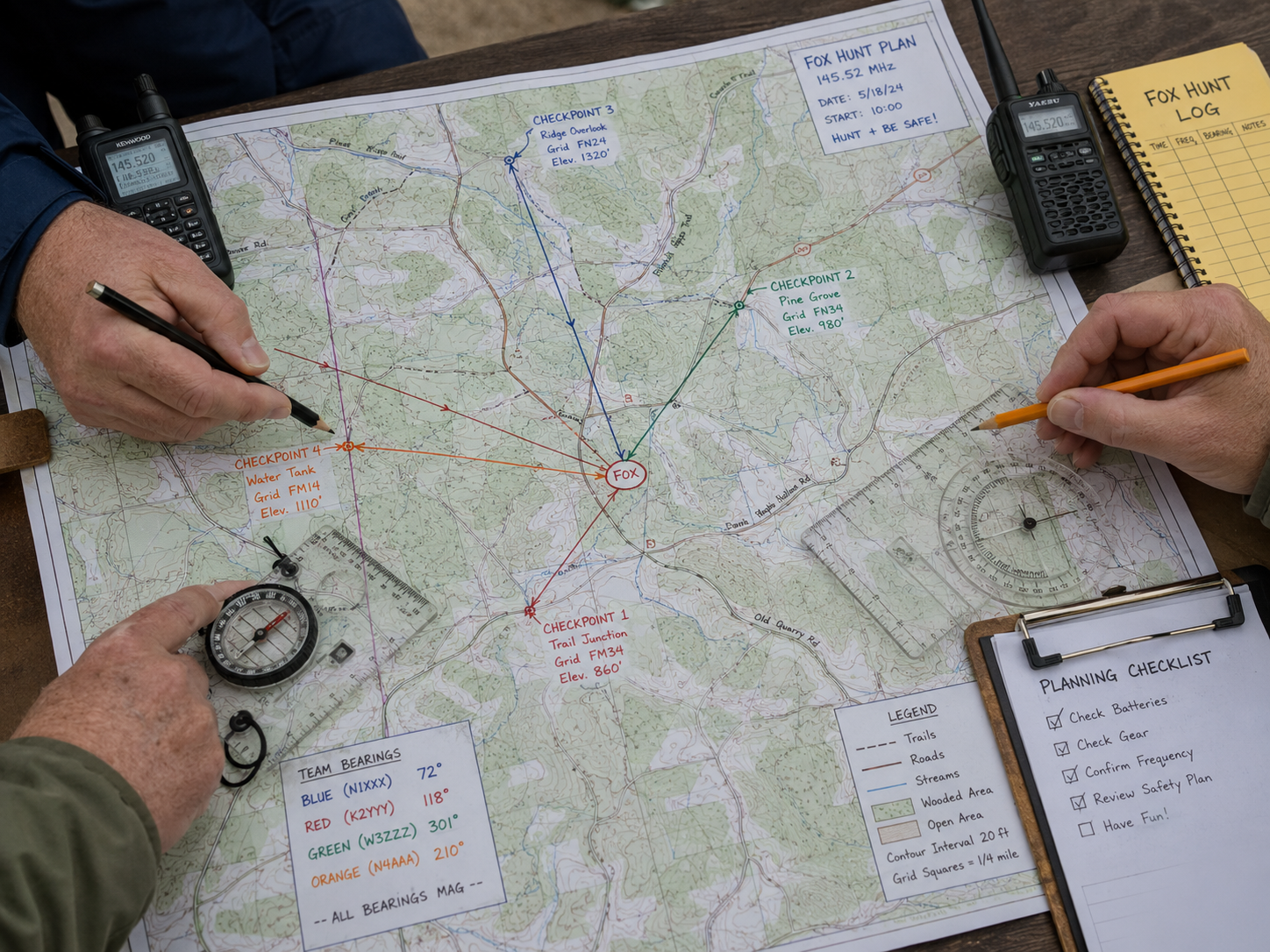 Hunters working a paper map together, drawing bearing lines from multiple locations to triangulate a hidden transmitter